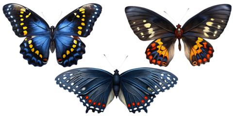Three colorful butterflies on transparent background isolated on a transparent background 2