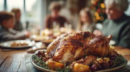 Obraz premium A roasted turkey on a platter with a family gathered around a table in the background