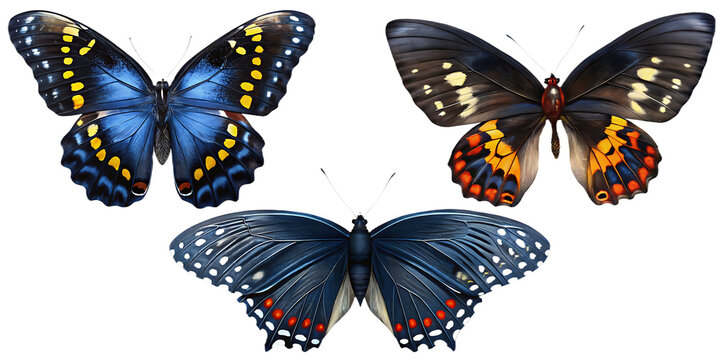 Three colorful butterflies on transparent background isolated on a transparent background 2