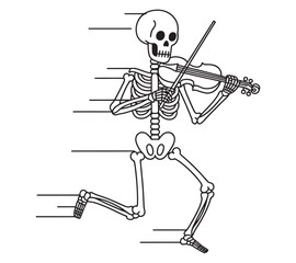 Running skeleton playing violin with bow, motion lines, stylized musical death character art