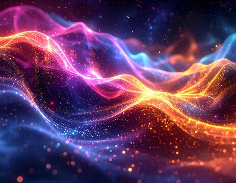 Abstract, glowing, wavy lines in vibrant colors against dark background - Powered by Adobe