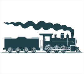 Steam locomotive with tender and smoke, classic rail transport icon graphic design.