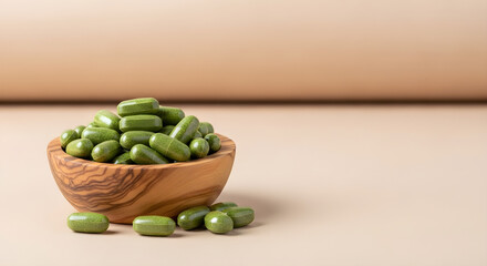 Natural green supplements overflow from a rustic wooden bowl on a neutral beige background, promoting wellness. isolated on white background