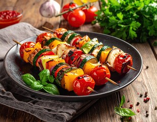 Grilled Vegetable Skewers with Tomatoes Peppers Zucchini On a Dark Plate on Wood Background