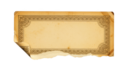 Aged yellow paper label with ornate brown border and torn edges isolated on a transparent background