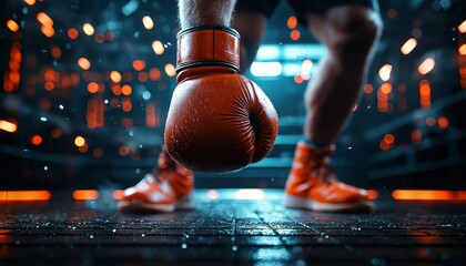 A close-up of a boxer wearing red gloves and shoes, poised in a fighting stance on a wet gym floor with dramatic lighting and floating sparks.