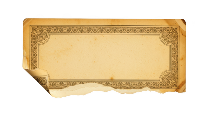 Aged yellow paper label with ornate brown border and torn edges isolated on a transparent background - Powered by Adobe