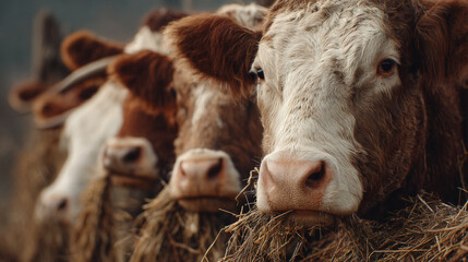 A close up view of a row of brown and white cows eating hay in a farm setting together now