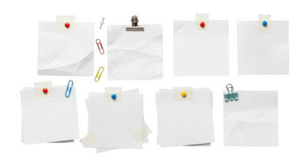 Assortment of white paper notes attached with pushpins and clips isolated on a transparent background