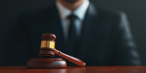 Wooden gavel resting on a desk in a courtroom setting, with a blurred lawyer or judge in a suit in the background, providing copy space