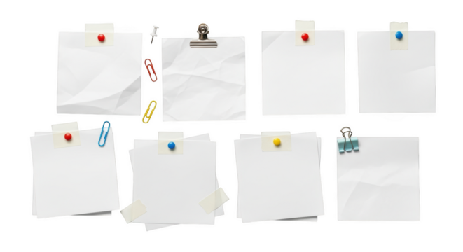 Assortment of white paper notes attached with pushpins and clips isolated on a transparent background