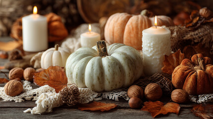 Fototapeta premium Still life arrangement of pumpkins candles walnuts and autumn leaves on a wooden surface