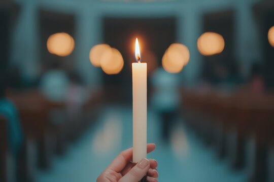 Person holding a lighted candle in a dimly lit church interior, symbolizing faith, hope, and spiritual devotion