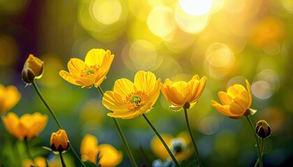 A group of delicate yellow buttercup flowers bloom in soft sunlight, set against a dreamy bokeh background of warm yellow and green hues.