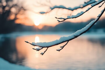 Snow covering a tree branch with a serene winter lake and sunset light in the background. Calm nature scene with copy space