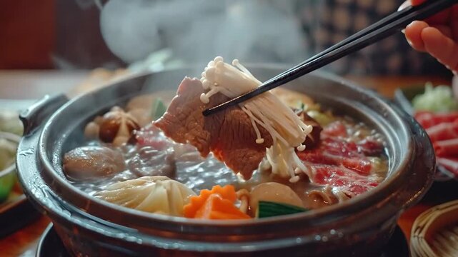 Close-up of a hand using chopsticks to pick up a slice of beef and enoki mushrooms from a steaming hot pot filled with various ingredients.