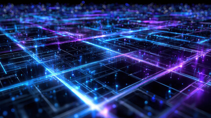 Obraz premium Futuristic Digital City Grid with Neon Lights and Transparent Overlays Representing a High-Tech Urban Environment