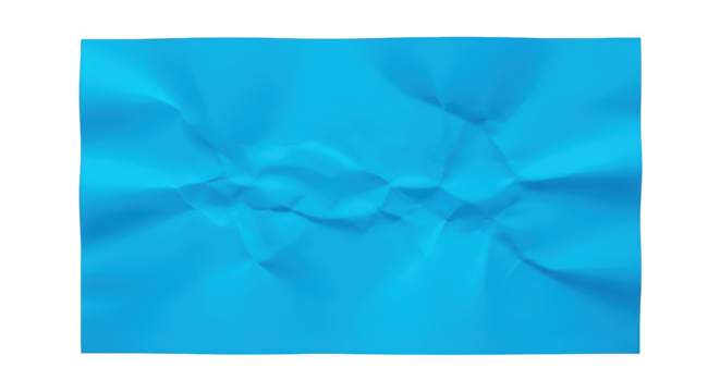 Bright blue crumpled paper texture with deep shadows and highlights isolated on a transparent background