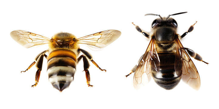 Two bees with detailed wings and bodies isolated on a transparent background insect