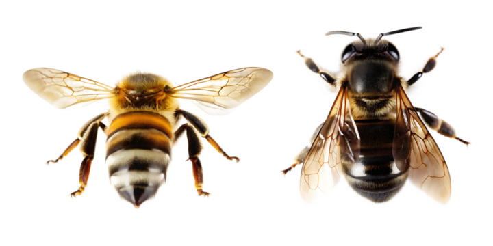 Two bees with detailed wings and bodies isolated on a transparent background insect