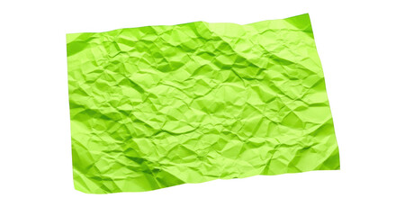 Bright green crumpled paper texture with sharp creases and shadows isolated on a transparent background