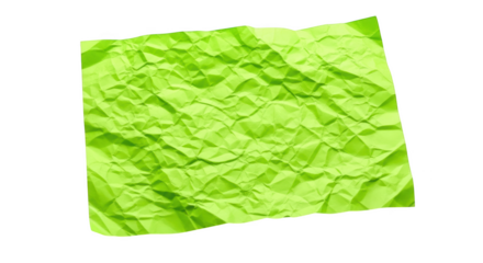 Bright green crumpled paper texture with sharp creases and shadows isolated on a transparent background