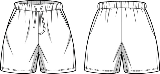 Technical fashion flat sketch template of basic elastic waist shorts for men or women, with drawstring, pockets, and stitching details