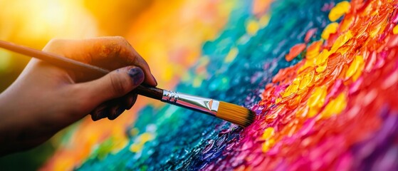 A hand holding a paintbrush applies vibrant colors on a textured canvas, blending warm and cool tones in an artistic and creative process.