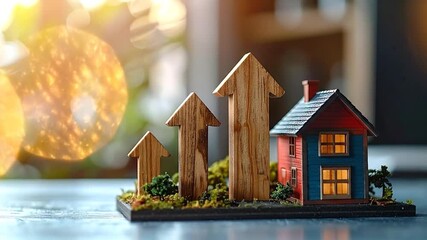 Conceptual image of flourishing real estate market, demonstrating property value growth and investment success through a miniature house and ascending arrows