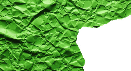 Bright green crumpled paper texture with torn edge against black isolated on a transparent background