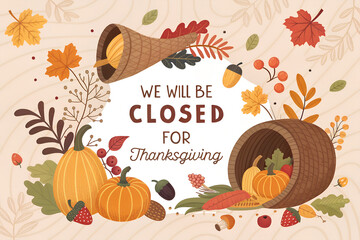 Thanksgiving Closed Sign with Pumpkins and Fall Wreath Illustration