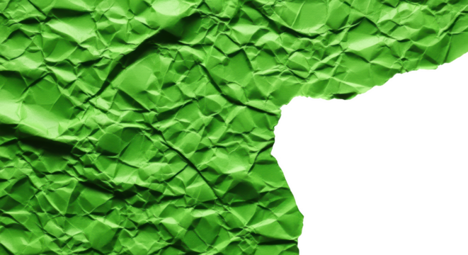 Bright green crumpled paper texture with torn edge against black isolated on a transparent background