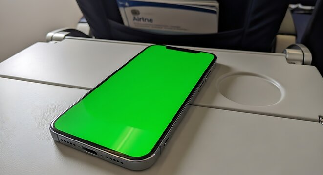 A modern smartphone with a green screen display rests on an airplane tray table, perfect for travel or technology mockups