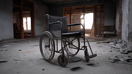 Fototapeta premium Abandoned Hospital Wheelchair in Empty Room of a Haunted Asylum with Dust and Debris Surrounding the Eerie Scene