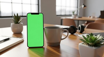 Modern workspace with a smartphone displaying a green screen next to a coffee mug and potted plants
