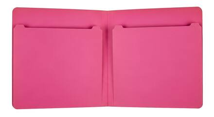 Bright pink open file folder with two interior pockets and tab cutouts isolated on a transparent background
