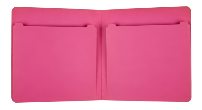 Bright pink open file folder with two interior pockets and tab cutouts isolated on a transparent background