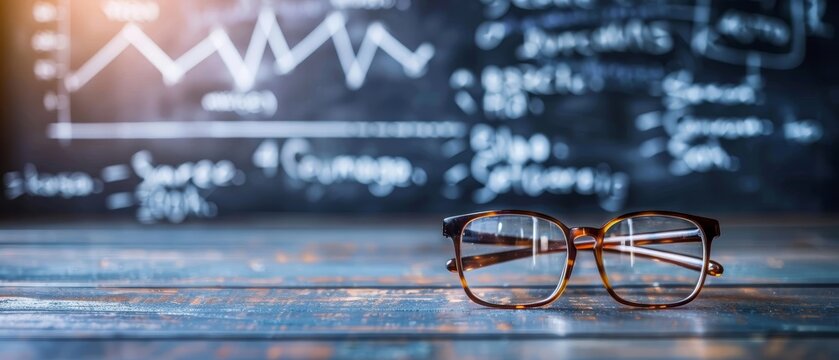 A pair of eyeglasses rests on a wooden surface with blurry financial charts and data in the background, suggesting analysis and business strategy.