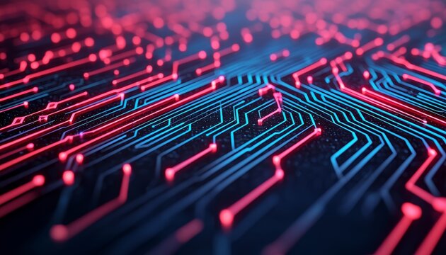 Close-up of a glowing digital circuit board with intricate neon blue and red pathways and nodes.