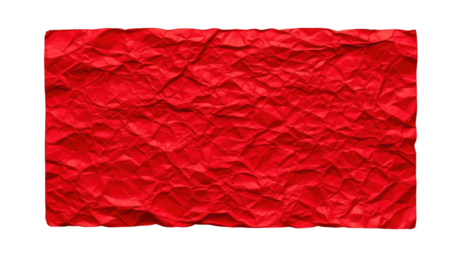 Bright red crumpled paper texture with deep shadows and highlights isolated on a transparent background