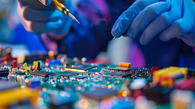 Technician's hands in protective blue gloves meticulously soldering a microchip onto a printed circuit board in an advanced electronics laboratory