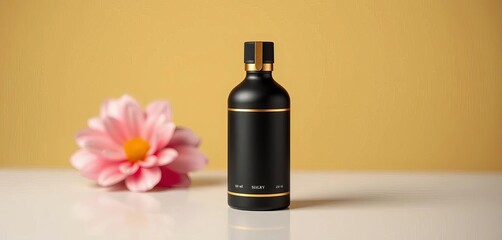 Naklejka premium Sleek, matte black bottle with gold accents; minimalist label, packaging, recyclable