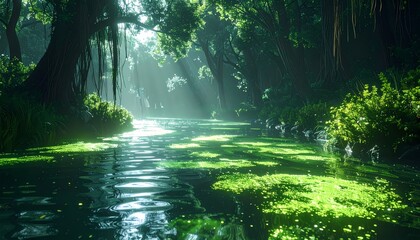 Obraz premium Sunlight filters through dense jungle canopy onto a serene river creating a mystical and vibrant green landscape.