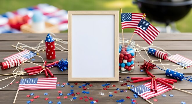 Patriotic american holiday celebration scene with blank wooden frame, flags, firecrackers, candy, and string lights on a rustic table. - Powered by Adobe