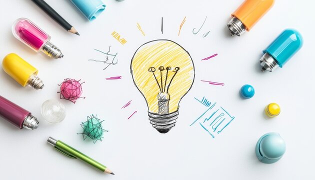 A creative workspace with colorful pens, pencils, and caps surrounding a hand-drawn glowing lightbulb symbolizing ideas and innovation.