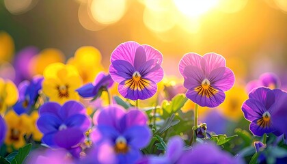 A field of colorful pansies, with purple and yellow flowers in focus, bathed in warm, golden sunlight.