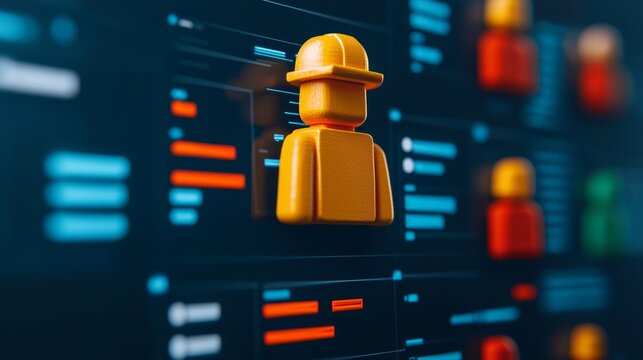 A digital representation of construction workers in a data visualization or project management interface with highlighted tasks and progress bars.
