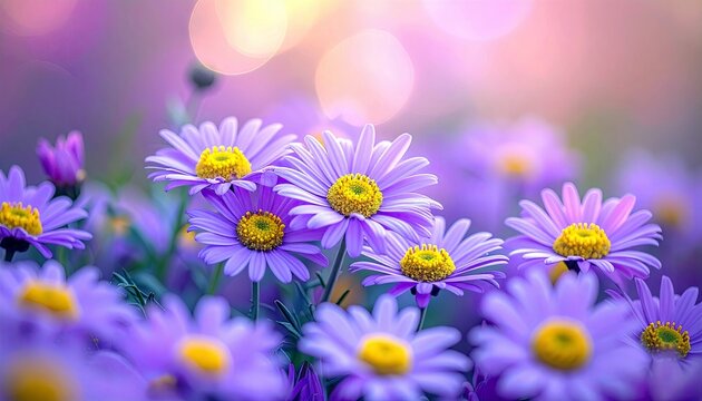 A field of delicate purple daisies with bright yellow centers, captured in soft focus with a dreamy bokeh background. - Powered by Adobe