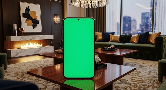 Modern smartphone with a green screen on a sleek coffee table in a luxurious living room. Showcases digital content in an elegant, contemporary setting with city views