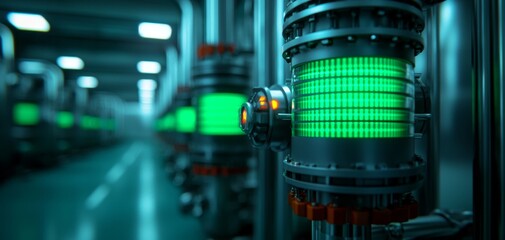 Futuristic data storage units with glowing green lights line a high-tech corridor in a modern server or data center environment.